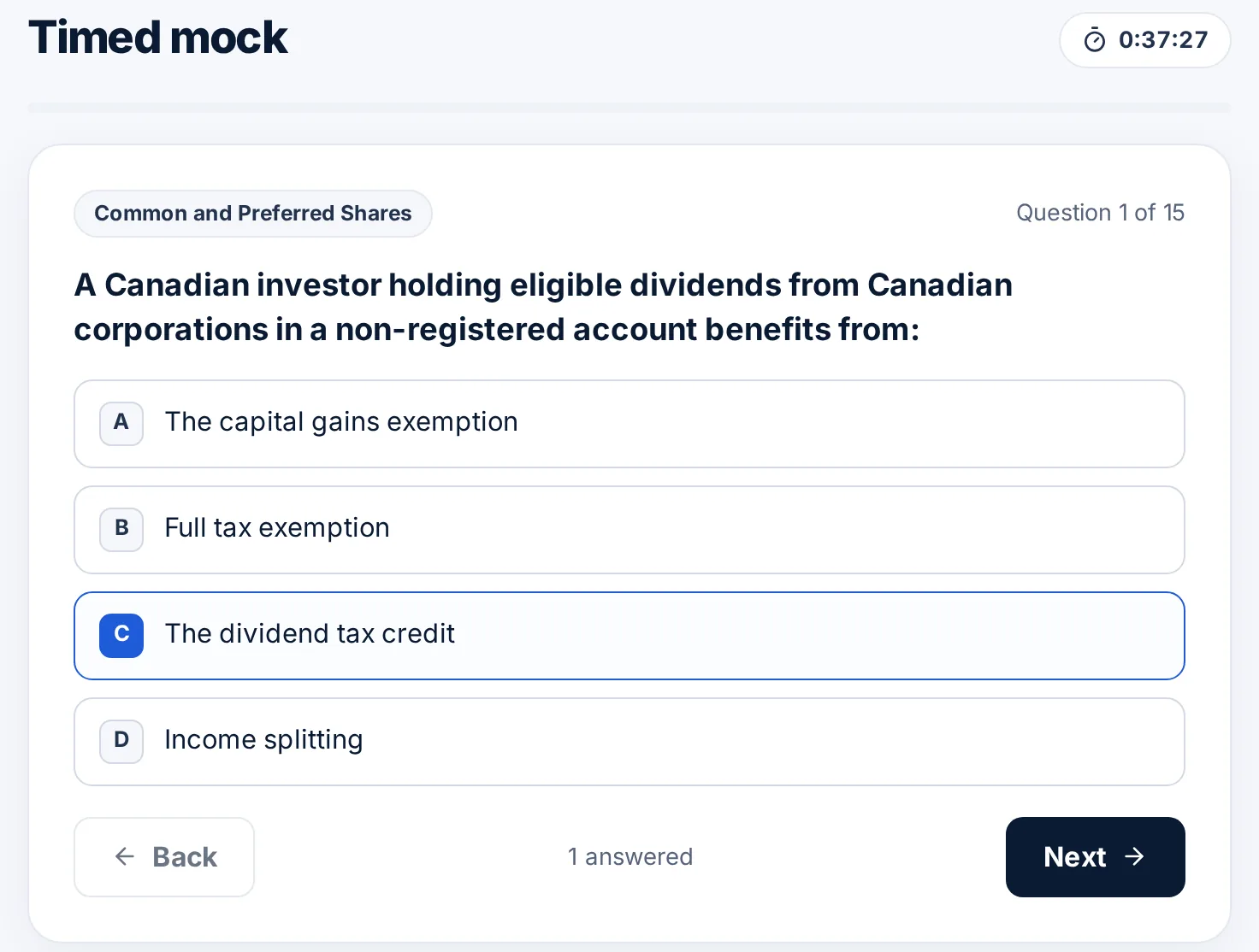 A timed mock exam question with a countdown timer