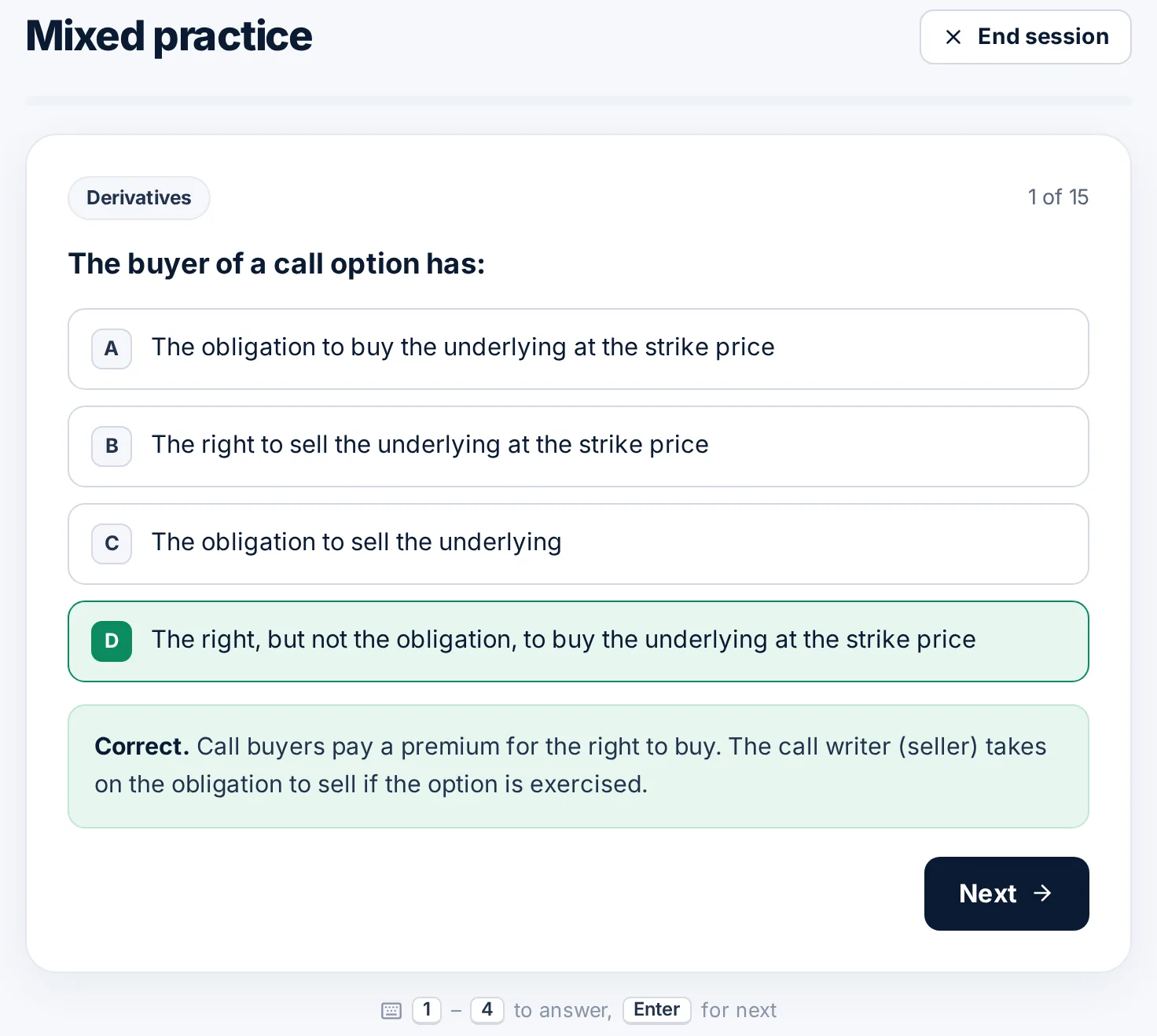 A CSC Exam 1 practice question answered correctly, with an explanation